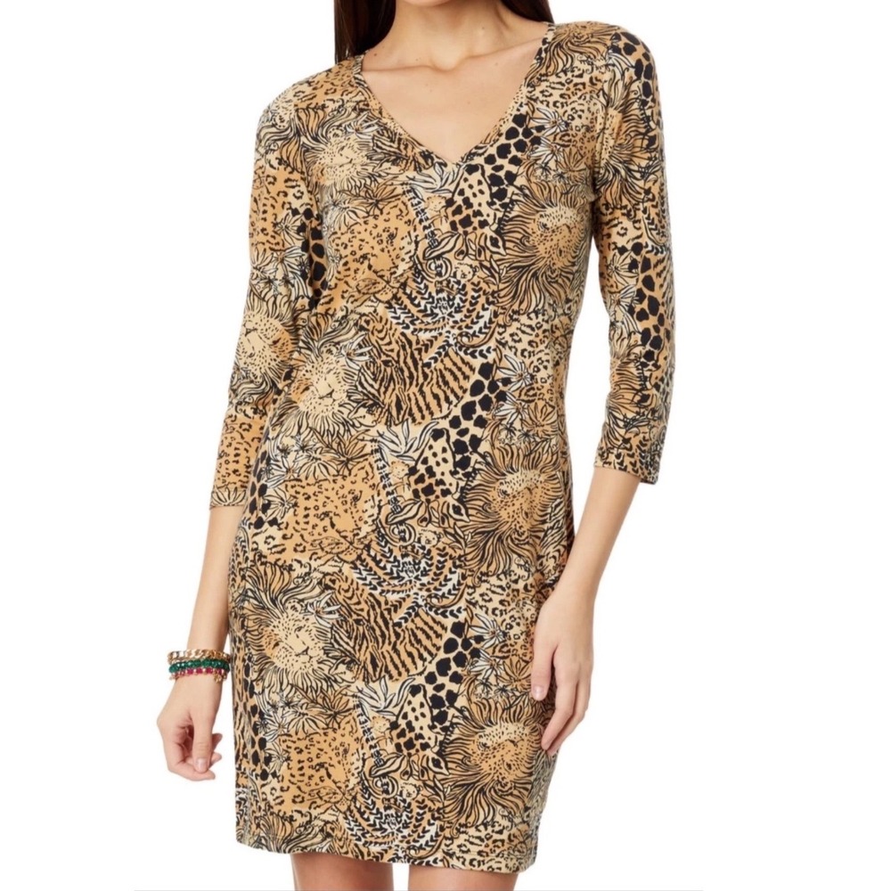 Lilly Pulitzer Tessa Dress S Tan Animal‎ Print Cotton Sheath 3/4 Sleeve V-Neck